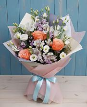 Букет Утренняя свежесть в Анжеро-Судженске Букет цветов из:  Лизиантусы, Розы, Альстромерии и Гипсофила в Анжеро-Судженске