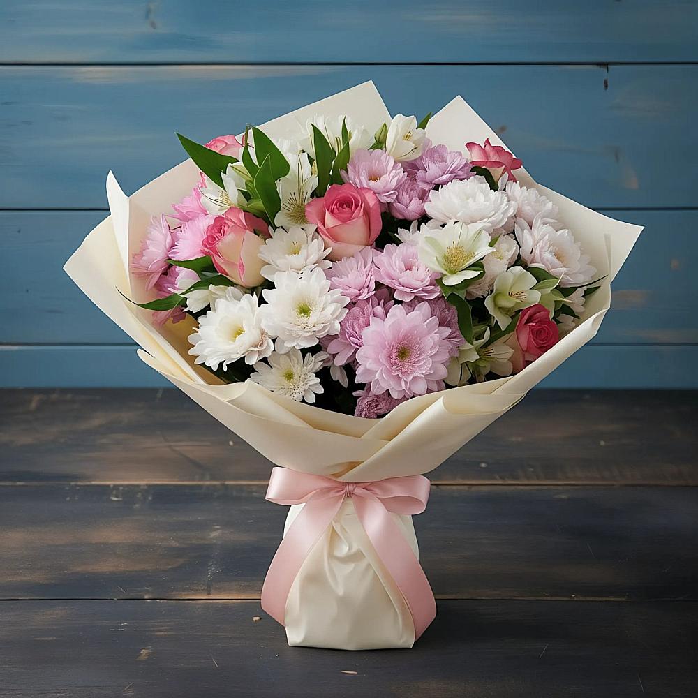 Букет Розовое очарование в Анжеро-Судженске Букет цветов из: Хризантемы, Альстромерии и Розы в Анжеро-Судженске